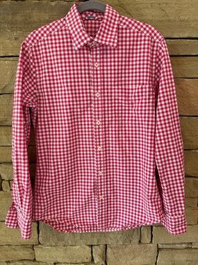 Boden Men’s Light Red and White Gingham Check Button-Down Shirt, EUC